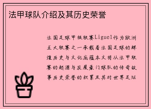 法甲球队介绍及其历史荣誉