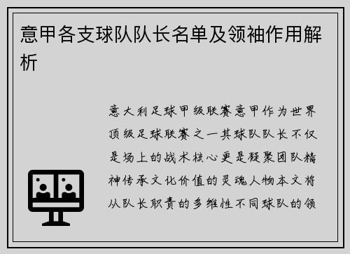 意甲各支球队队长名单及领袖作用解析