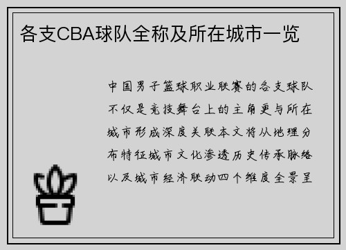 各支CBA球队全称及所在城市一览