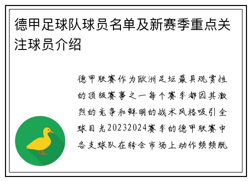 德甲足球队球员名单及新赛季重点关注球员介绍